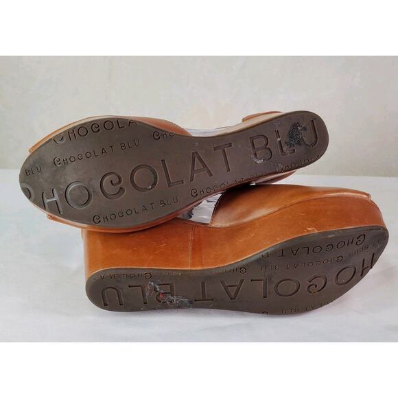 Chocolat Blu Womens Sz 10 Wawa Wedge Sandals Brown Leather Peep Toe Buckle - Picture 9 of 10